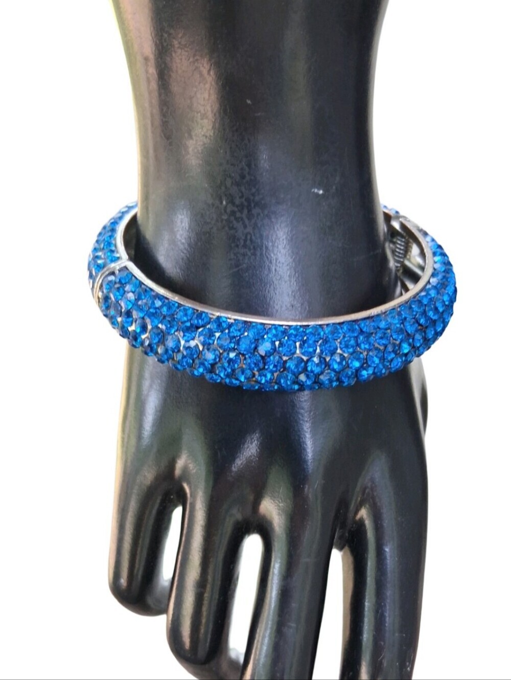 Vintage Cobalt Blue Rhinestone Clamper Bracelet | Hinged Silver Tone Bangle